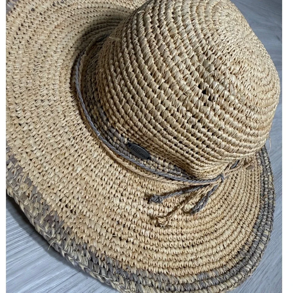 Wallaroo Hat Company Camille Natural Raffia Straw Sun Hat Wide Brim Tan Grey